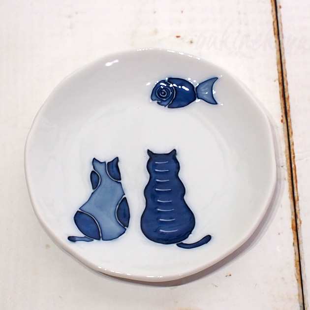 猫のお皿　手描き一珍　藍猫　小皿【瀬戸焼】