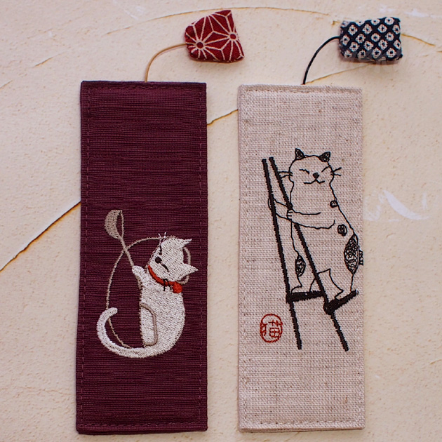 猫柄 布しおり 刺繍 sheepsleep 鍋ねこ 竹馬ねこ 手作り 日本製