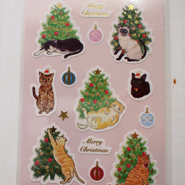 猫のシール　猫とツリー　クリスマスペーパーシール（金箔押し・日本製）