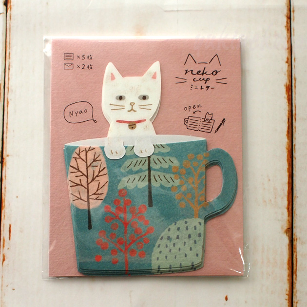 猫のレターセット　neko cupミニレターセット【日本製】（便箋５枚・封筒２枚）　