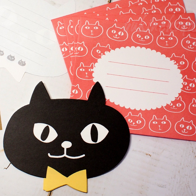 【猫のレターセット】黒猫ネコマンジュウ（ダイカット猫顔便箋８枚・封筒４枚・封印シール４枚入り）