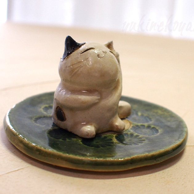 織部印花 皿付き 招き猫 お香立て 日本製 手作り