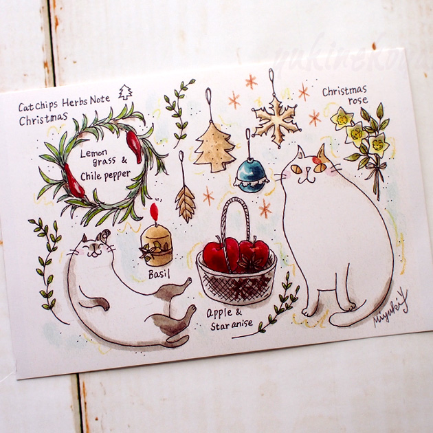 【猫のポストカード】吉沢深雪／Cat Chips Herbs Note Christmas クリスマスカード