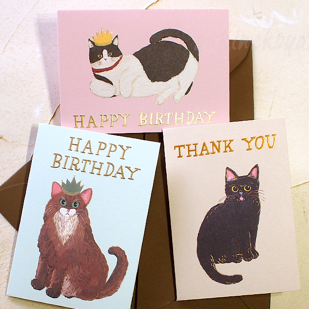 猫イラスト ミニカード そで山かほ子 THANK YOU HAPPY BIRTHDAY 御礼 お誕生祝い 箔押し 封筒付き グリーティングライフ