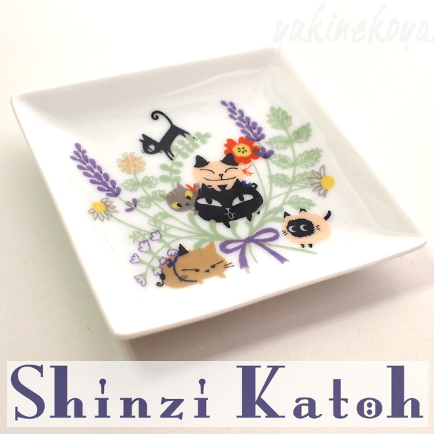 【Shinzi Katoh】 猫　スクエアプレート・角皿（猫とハーブ）